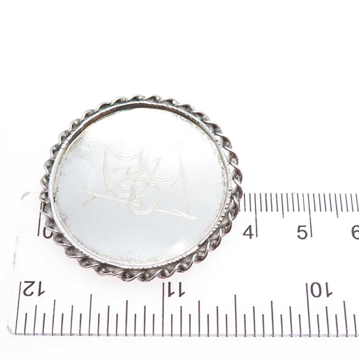 925 Sterling Silver Vintage Engraved Comedy & Tragedy Masks Pin Brooch