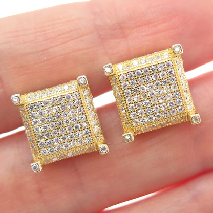 925 Sterling Silver Gold Plated Round-Cut C Z Sparkle Square Stud Earrings