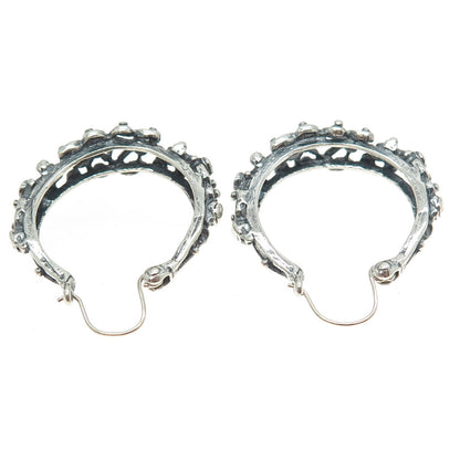 925 Sterling Silver Vintage Floral Oxidized Hoop Earrings