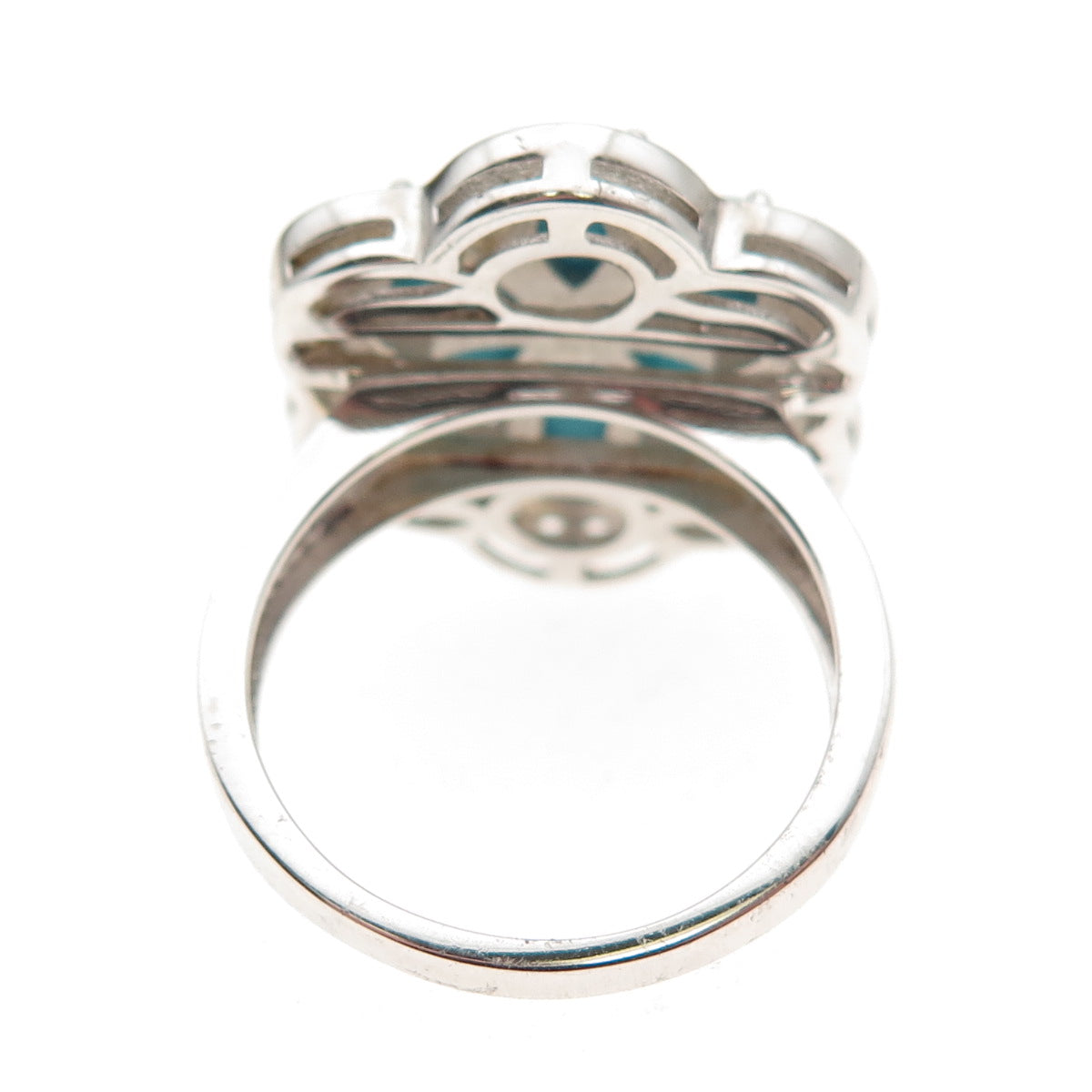 925 Sterling Real Sleeping Beauty Turquoise & White Topaz Floral Ring Size 8
