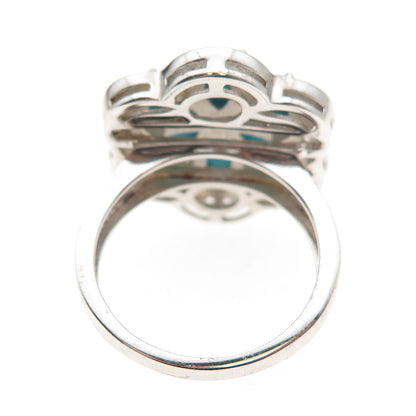 925 Sterling Real Sleeping Beauty Turquoise & White Topaz Floral Ring Size 8