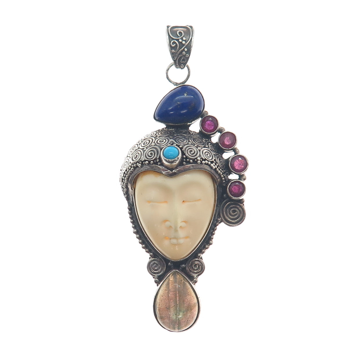 925 Sterling Silver Vintage Ruby Lapis Turquoise Labradorite Goddess Pendant