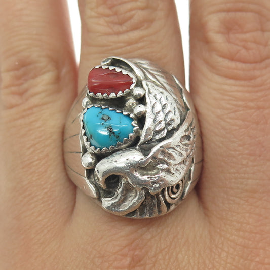 REX ABEITA NAVAJO Old Pawn Sterling Silver Turquoise & Coral Eagle Ring Size 11