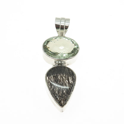 925 Sterling Silver Vintage Real Rutilated Quartz & Green Amethyst Gem Pendant