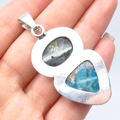 925 Sterling Silver Vintage Real Labradorite & Agate Gemstone Pendant