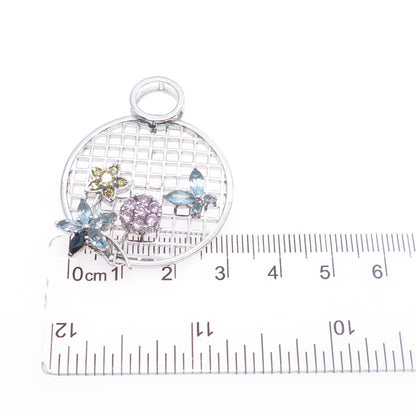 925 Sterling Real Blue Topaz Amethyst Citrine Butterfly & Flower Slide Pendant