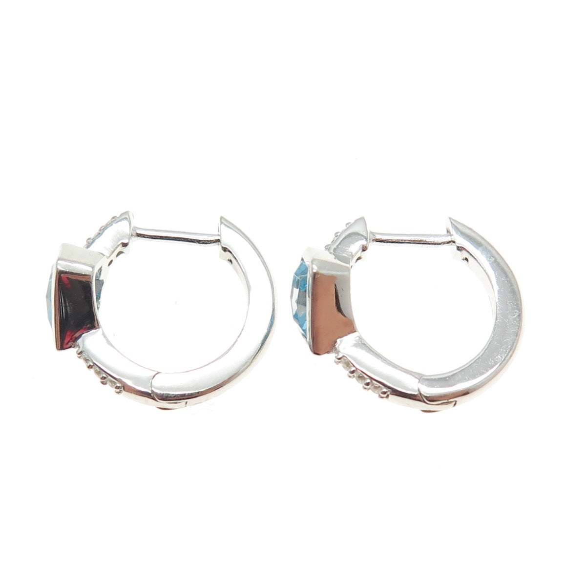 HAN 925 Sterling Silver Round & Princess Heart-Cut White Blue C Z Hoop Earrings