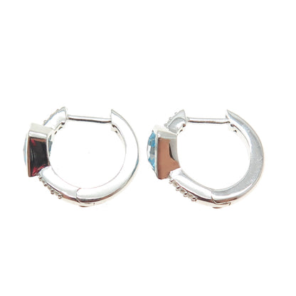 HAN 925 Sterling Silver Round & Princess Heart-Cut White Blue C Z Hoop Earrings