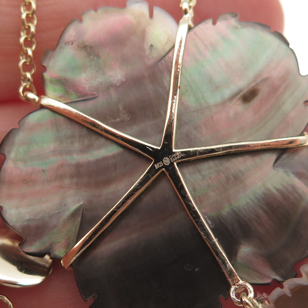 Cristina Sabatini Sterling Silver GP Pearl Abalone Shell C Z Floral Necklace 34"