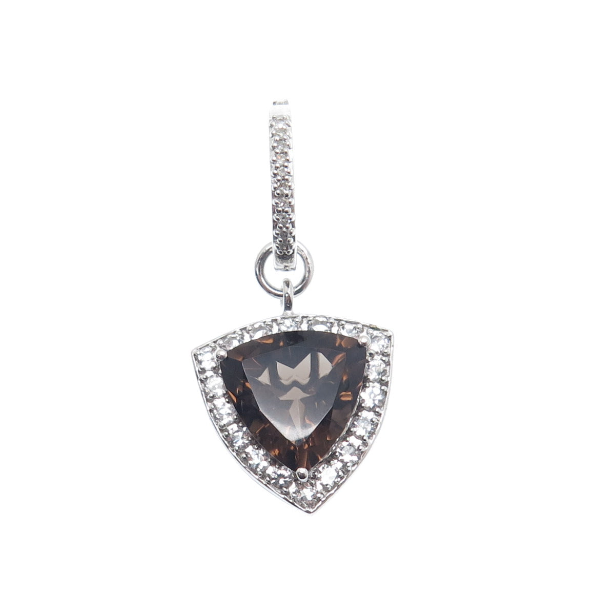 FADI 925 Sterling Silver Real Triangle-Cut Smoky Quartz & Round-Cut C Z Pendant