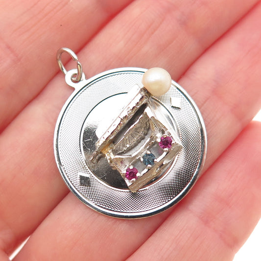 925 Sterling Silver Vintage Faux Pearl & Rhinestone Typewriter Charm Pendant