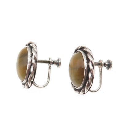 925 Sterling Silver Vintage Real Tiger Eye Oxidized Screw Back Earrings