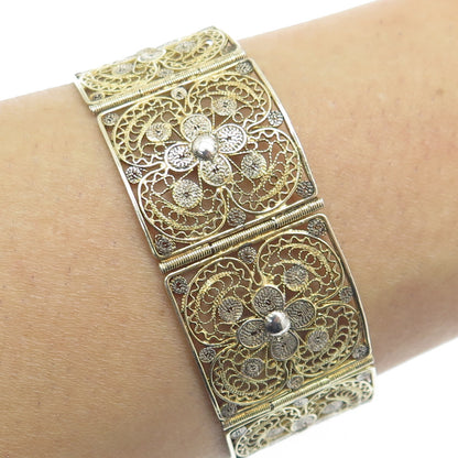 925 Sterling Silver Gold Plated Vintage Italy Filigree Panel Link Bracelet 7.25"