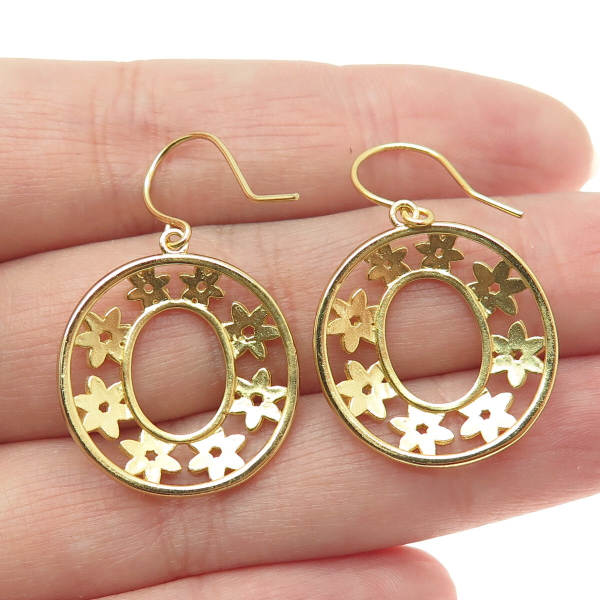 925 Sterling Silver Gold Plated Diamond-Cut Flower Dangle Earrings