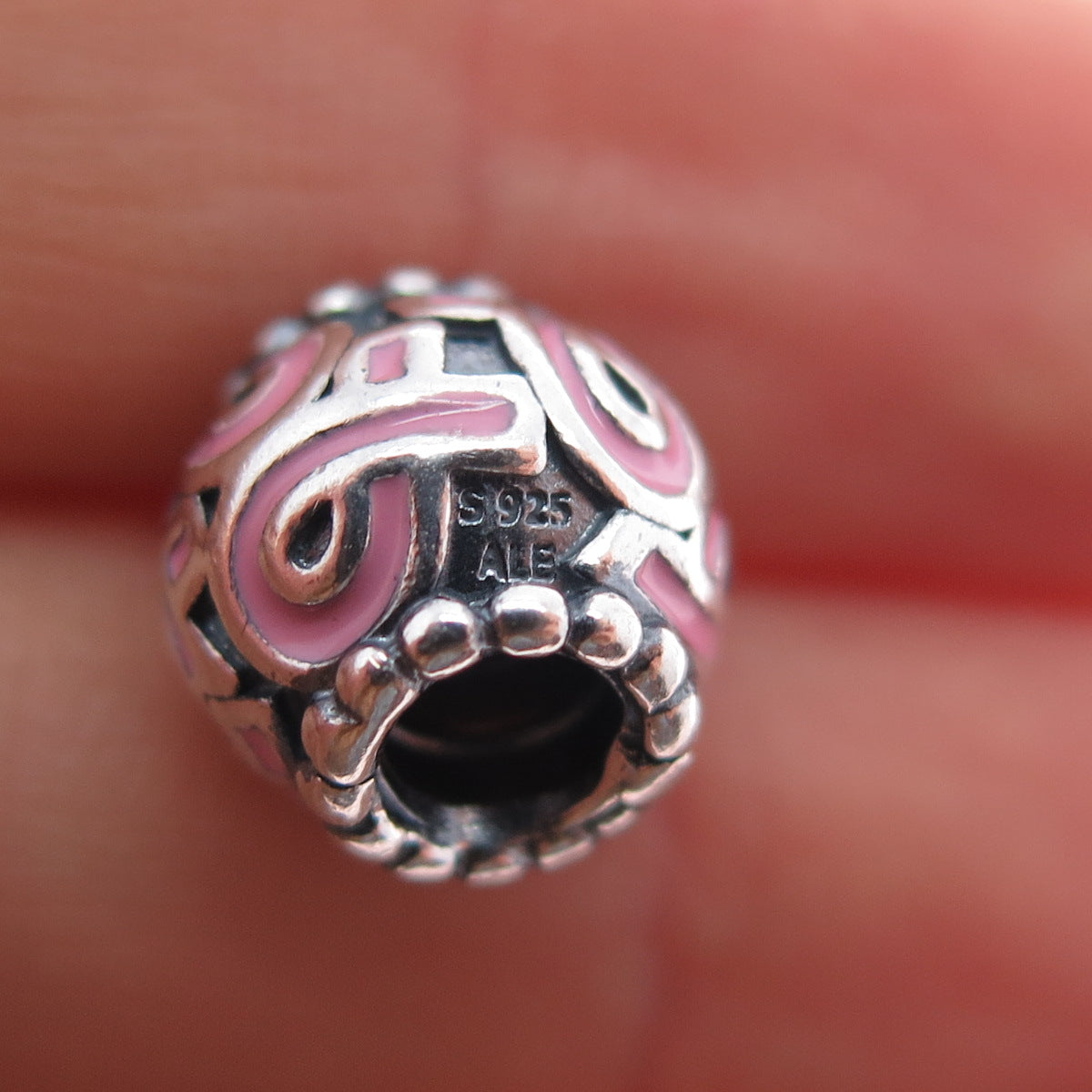 PANDORA 925 Sterling Enamel Pink Ribbon Breast Cancer Awareness Slide Bead Charm