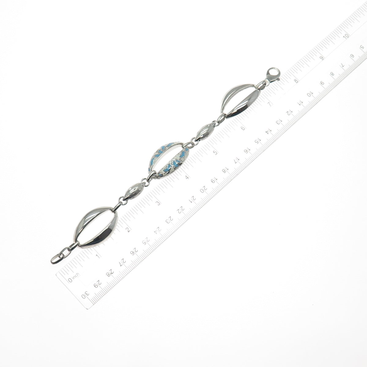 925 Sterling Silver Vintage Enamel Modernist Oval Link Bracelet 7.25"