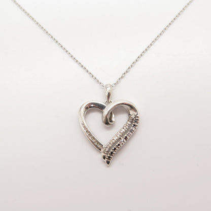 925 Sterling Silver Real White Diamond Open Heart Rolo Chain Necklace 16"