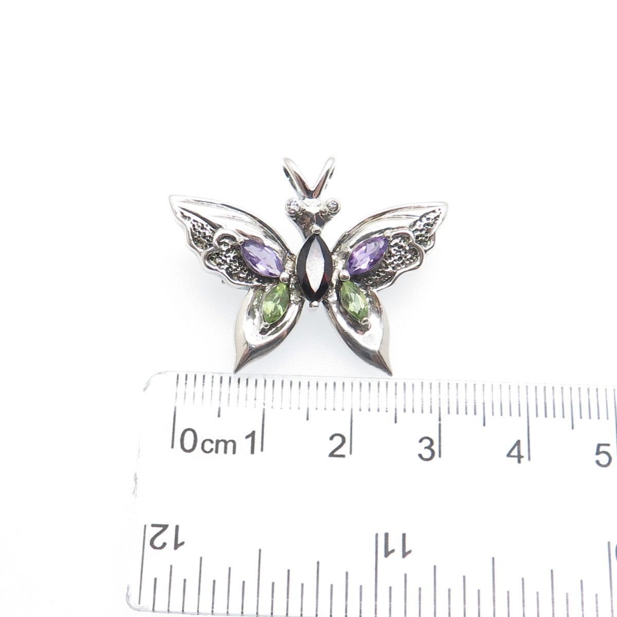 925 Sterling Vintage Real Peridot Amethyst Garnet & C Z Butterfly Brooch Pendant