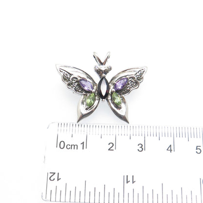925 Sterling Vintage Real Peridot Amethyst Garnet & C Z Butterfly Brooch Pendant