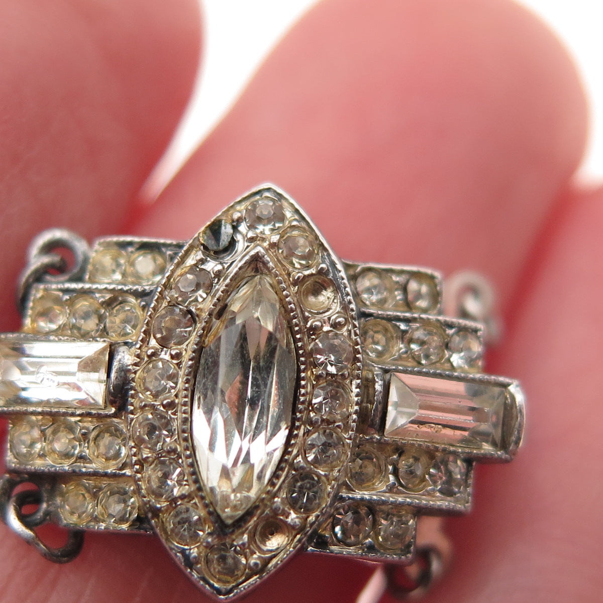 925 Sterling Antique Rhinestone Bracelet / Necklace Box Lock (missing 3 stones)