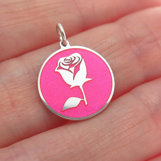 925 Sterling Silver Pink Enamel Rose Flower Round Tag Minimalist Charm Pendant