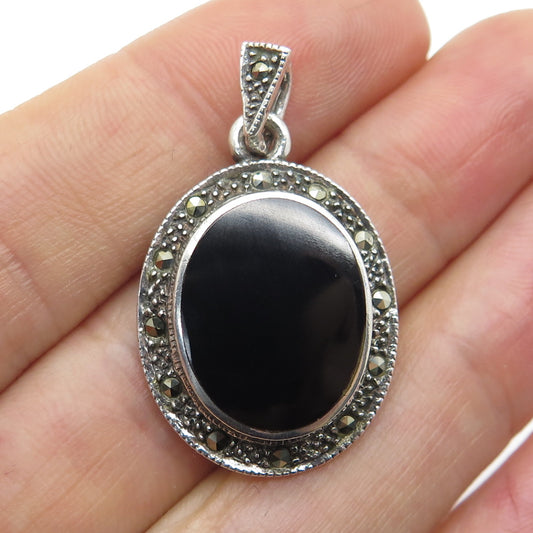 925 Sterling Silver Vintage Real Black Onyx & Marcasite Charm Pendant