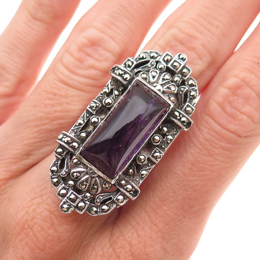 925 Sterling Silver Vintage Germany Real Amethyst & Marcasite Ring Size 6.5