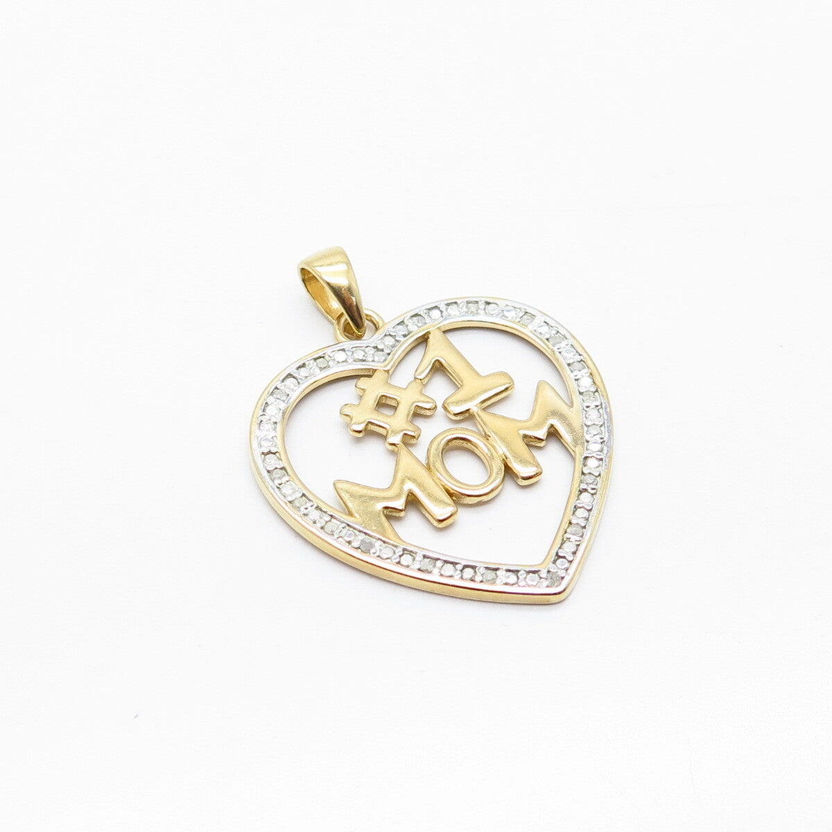 925 Sterling Silver Gold Plated Real White Diamond "#1 MOM" Heart Pendant