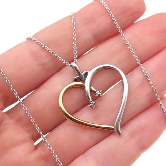 Bradford 925 Sterling Silver 2-Tone Real Diamond Heart Cable Chain Necklace 18"