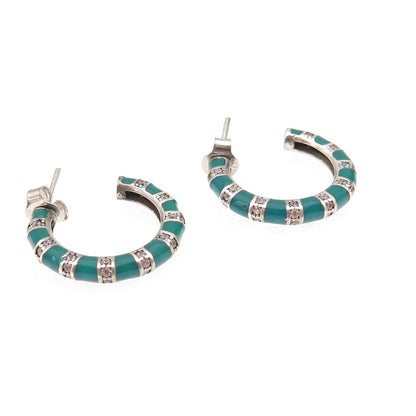 925 Sterling Silver Enamel & C Z Bamboo Hoop Earrings