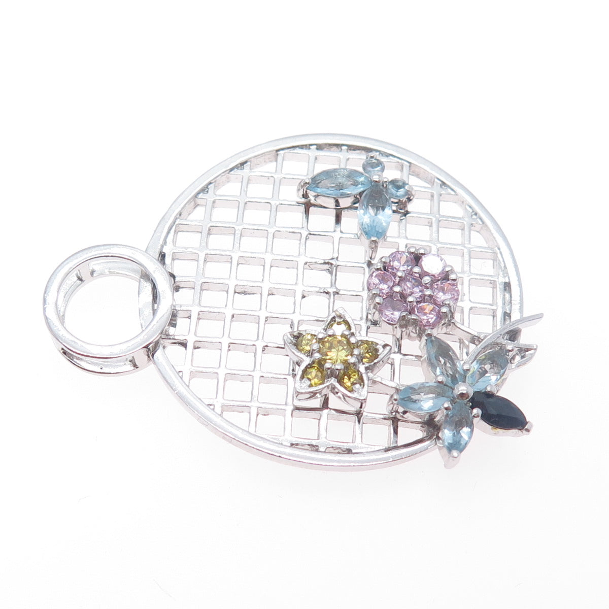 925 Sterling Real Blue Topaz Amethyst Citrine Butterfly & Flower Slide Pendant