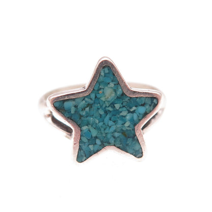 Old Pawn 925 Sterling Silver Vintage Turquoise Inlay Star Tribal Ring Size 4.75