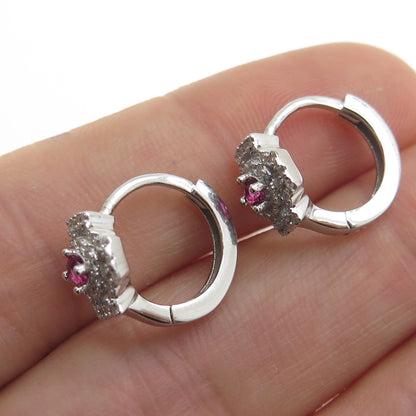 925 Sterling Silver Pink & White Round-Cut Shaped C Z Cross Hoop Earrings