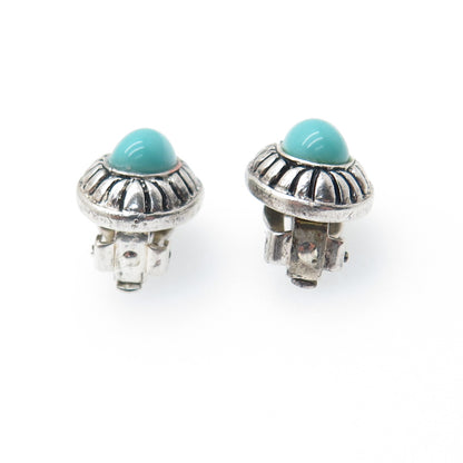 Old Pawn 925 Sterling Silver Vintage Lone Mountain Turquoise Clip On Earrings