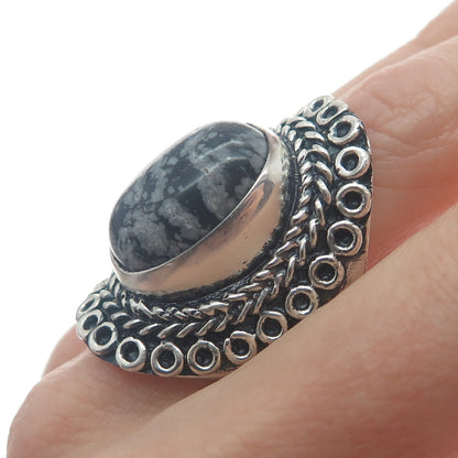 925 Sterling Silver Vintage Snowflake Obsidian Circle Link Oxidized Ring Size 9