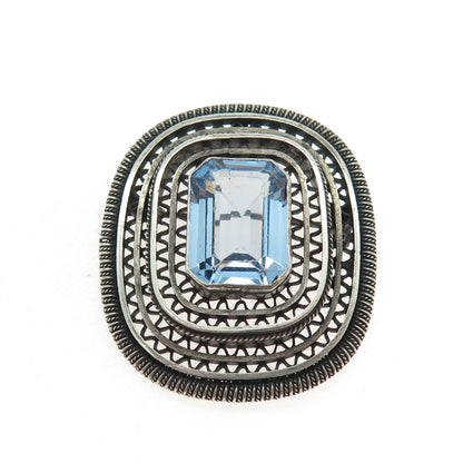 925 Sterling Silver Antique Art Deco Real Blue Topaz Gem Oxidized Pin Brooch