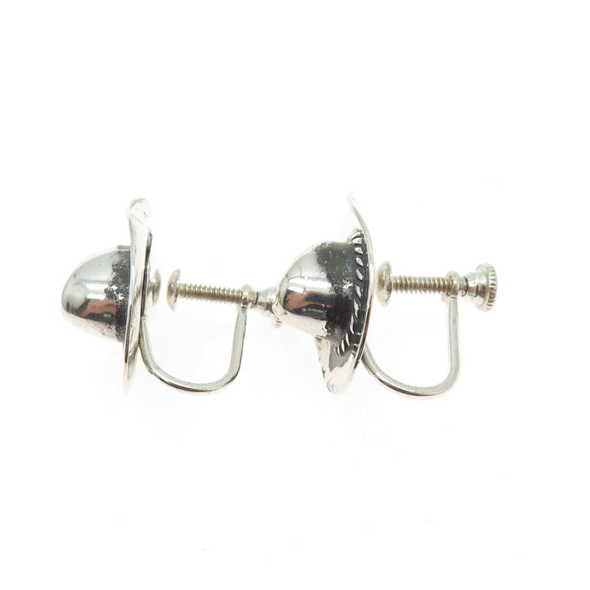 925 Sterling Silver Antique Art Deco Cowboy Hat Oxidized Screw Back Earrings