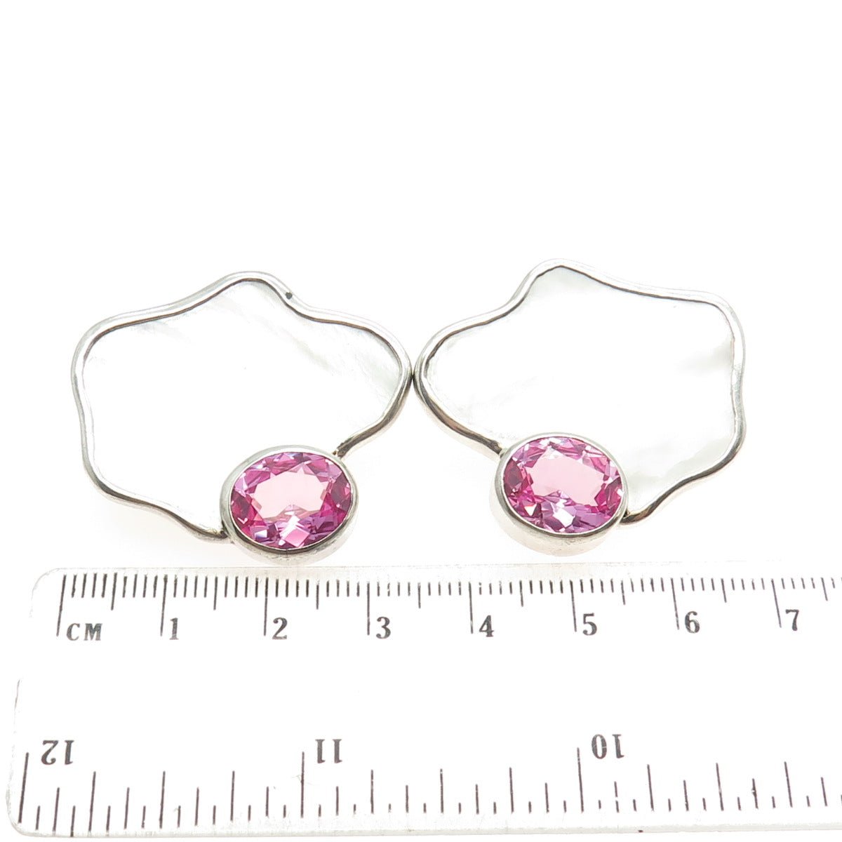 925 Sterling Silver Vintage Lab-Created Pink Sapphire & MOP Clip On Earrings