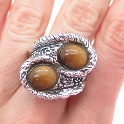 925 Sterling Silver Vintage Real Tiger Eye Modernist Adjustable Ring Size 6.25
