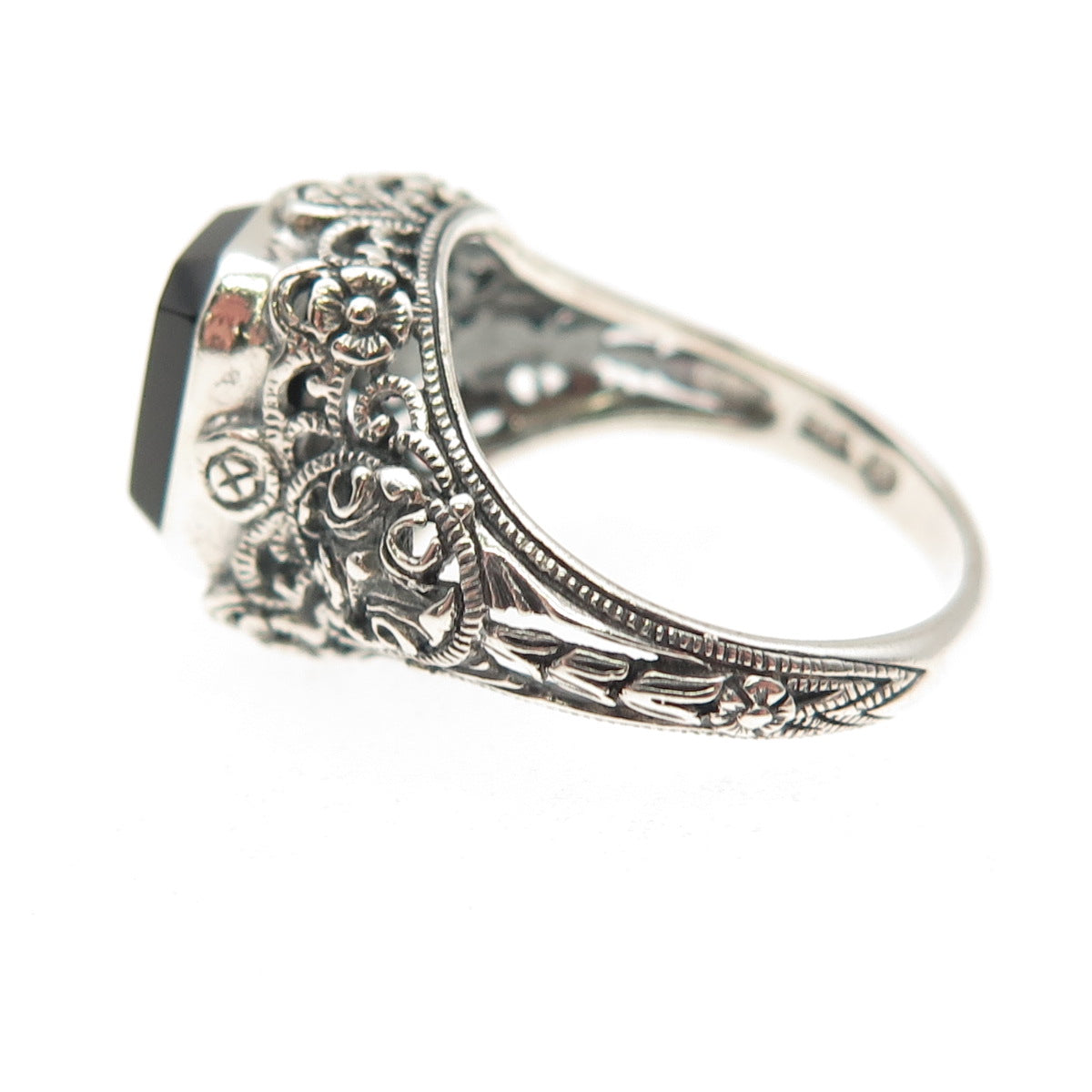 Pranda 925 Sterling Silver Vintage Real Black Onyx Oxidized Ring Size 5.75