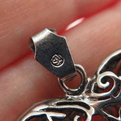 925 Sterling Silver Vintage Modernist Ornate Heart Oxidized Pendant