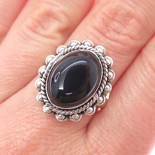 925 Sterling Silver Vintage Real Black Onyx Modernist Beaded Ring Size 8.25