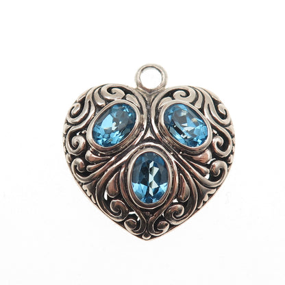 925 Sterling Silver Vintage Real Oval-Cut Blue Topaz Ornate Heart Charm Pendant