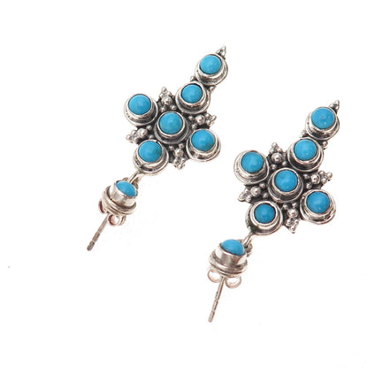 925 Sterling Silver Vintage Real Turquoise Cross Oxidized Dangle Earrings