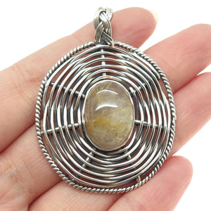 925 Sterling Silver Vintage Rutilated Quartz Modernist Wicker Oxidized Pendant