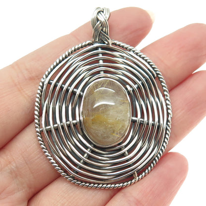 925 Sterling Silver Vintage Rutilated Quartz Modernist Wicker Oxidized Pendant
