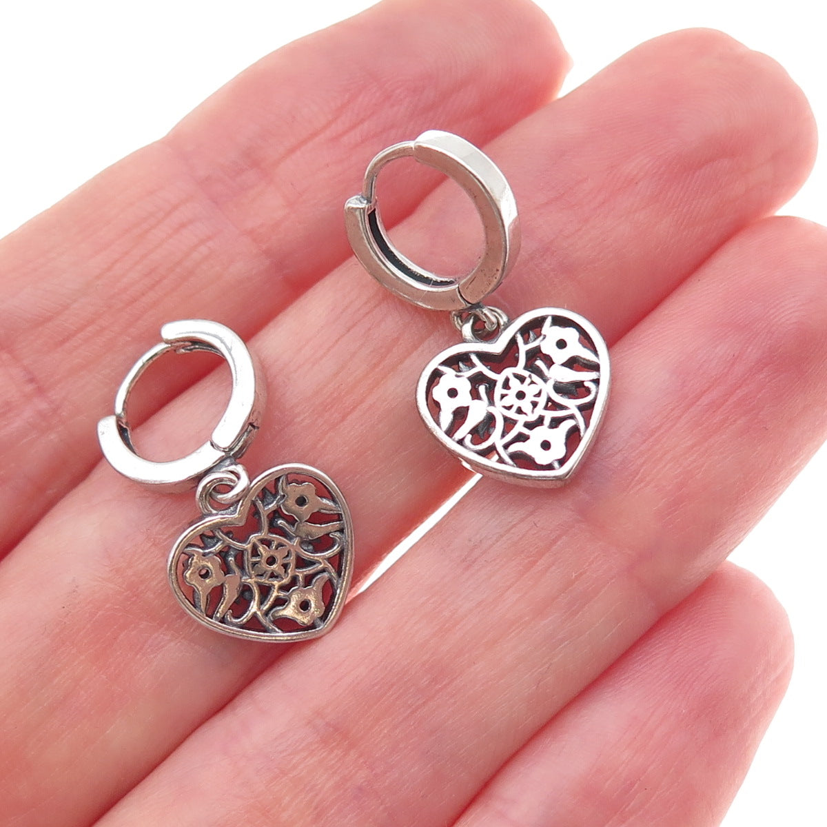 925 Sterling Silver Round-Cut C Z Heart Dangle Charm Hoop Earrings