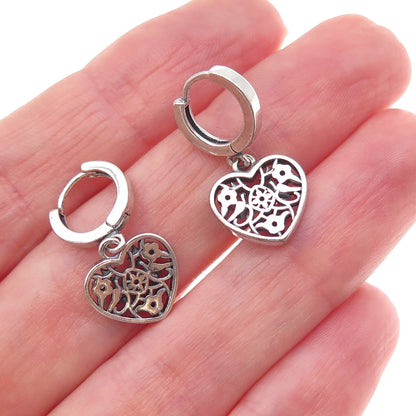 925 Sterling Silver Round-Cut C Z Heart Dangle Charm Hoop Earrings