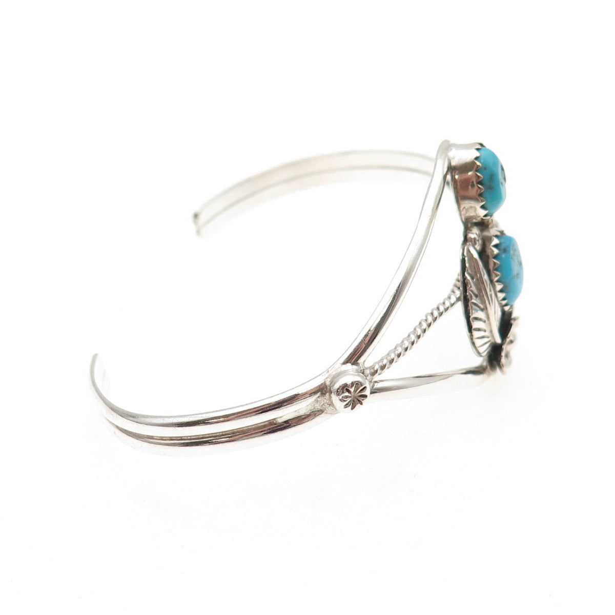 Old Pawn 925 Sterling Vintage Turquoise Floral & Feather Adjustable Bracelet 6"