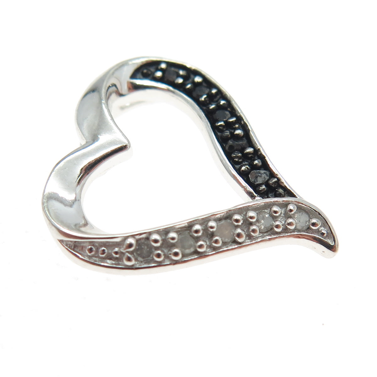 925 Sterling Silver Real Round-Cut Black & White Diamond Heart Slide Pendant